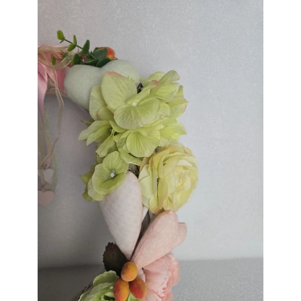 Handmade Door Wreath Love Birds Soft Pink Green Spring Time Floral Wreath 15